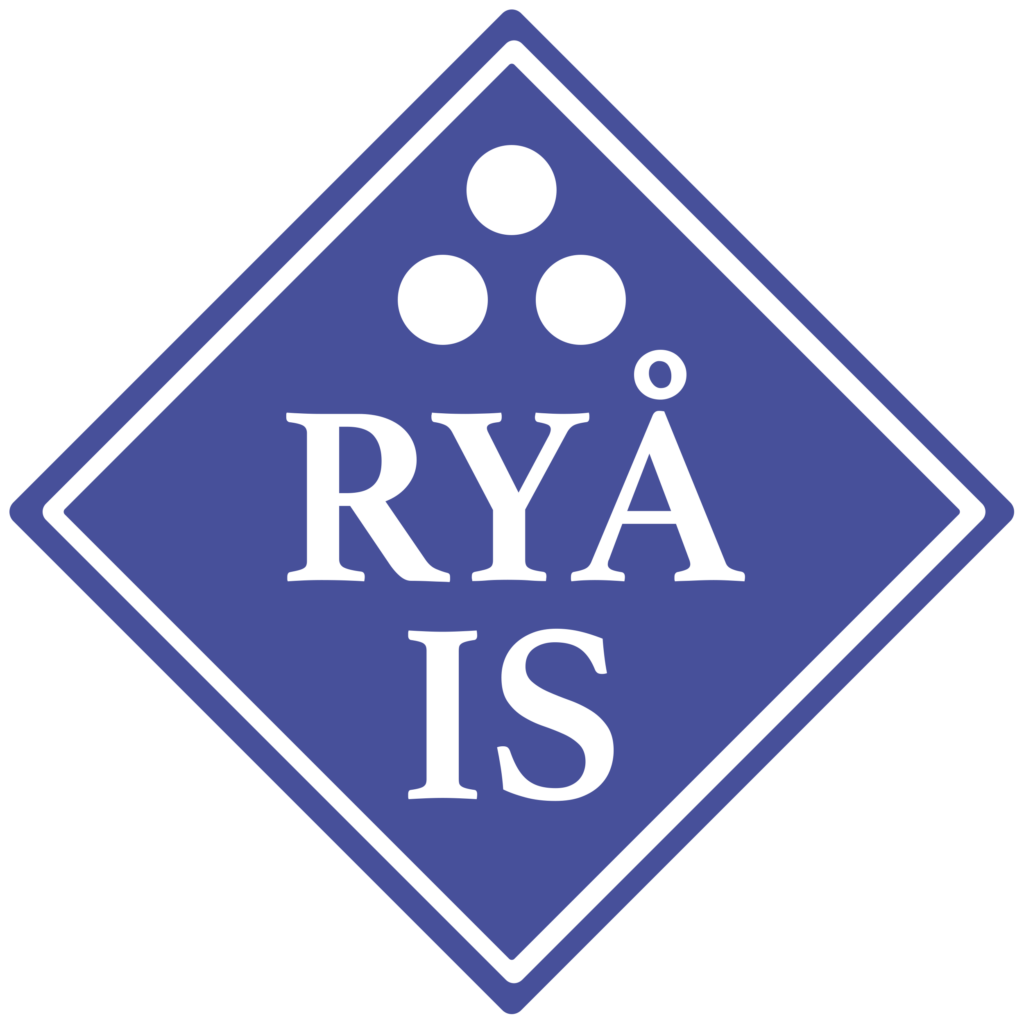 Ryå Is logo i blåt og hvidt design